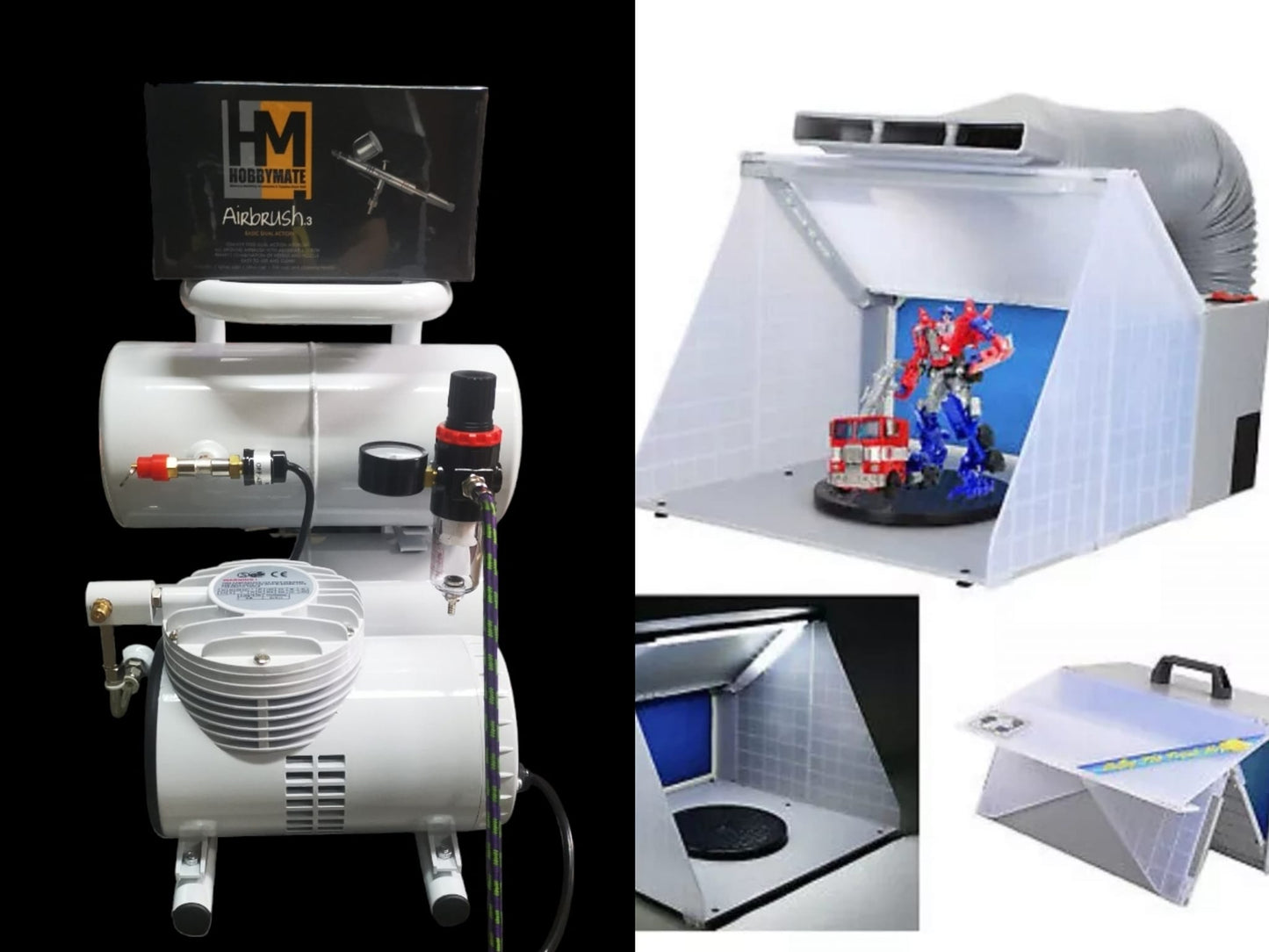 Double Tank Air compressor + Spraybooth + 0.2 or 0.5 Hobbymate Basic Airbrush.